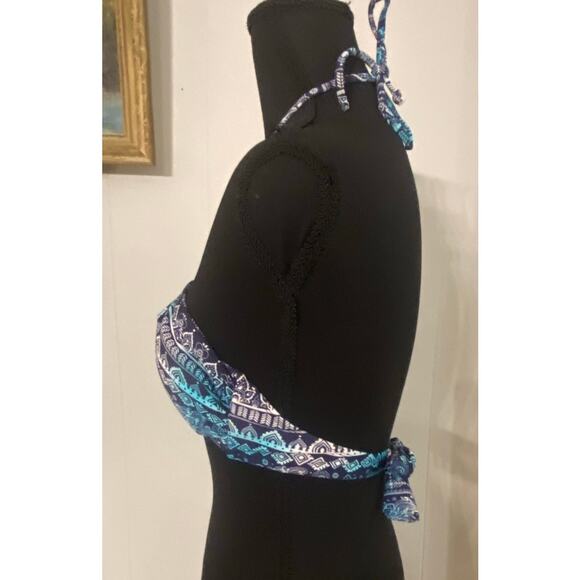 Wetseal Tie Bikini Top Blue White Wood Beads Ring Center Size Large Y2K Beach - Picture 3 of 7